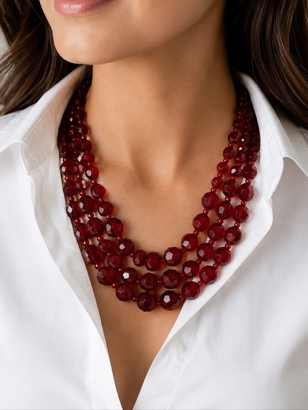 Triple Strand Juicy Cherry Red Plastic Faceted Vintage Necklace Unsigned